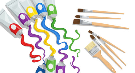 Colorful Paint Tubes and Brushes Isolated on White