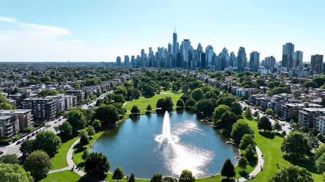Aerial view of a city park with a large pond and fountain.
