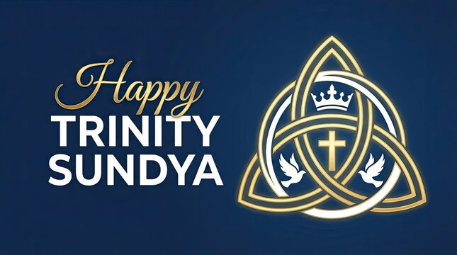 A graphic design celebrating Trinity Sunday with a Celtic knot and Christian symbols on a dark blue background