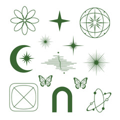 Obraz premium Collection of celestial and abstract line art icons: moon, stars, butterflies, atom, globe