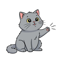 Obraz premium Cute cartoon gray cat sitting and waving a paw, with small wavy lines indicating movement