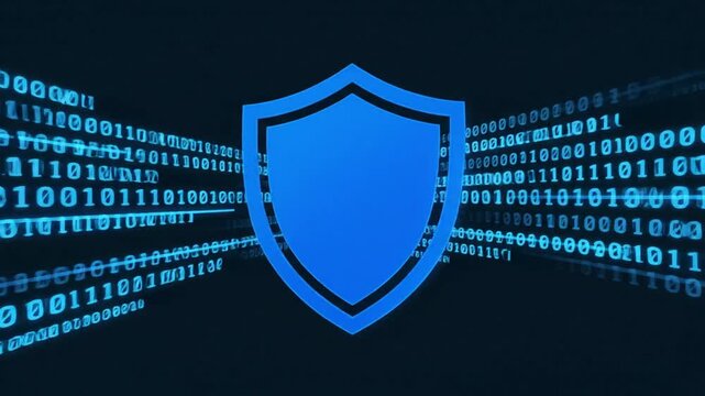 Digital shield icon representing cybersecurity and data protection in a binary code background.