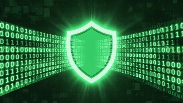 Digital shield icon glowing green against a background of binary code representing data security and protection.