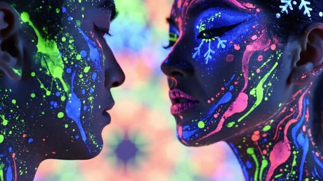 Two women with vibrant neon face paint looking at each other in profile with colorful background
