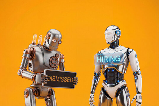 Robot job replacement concept with a new AI hiring and an old robot being dismissed