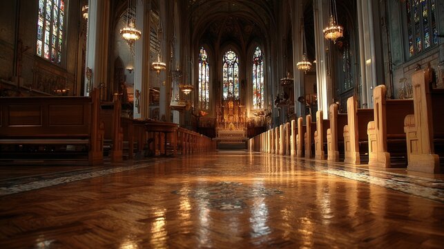 Interior of a Catholic church aisle with a long central aisle, wooden pews, stained glass windows, and warm sunlight streaming in, creating a serene atmosphere.