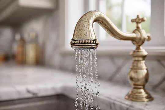 Close-up of a vintage gold kitchen faucet with water running, showcasing elegant design and functional beauty, highlighting the details and craftsmanship.