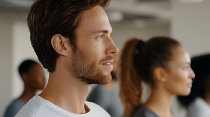 Obraz premium Close up profile of a man attentively looking forward with a diverse group in a softly lit indoor setting