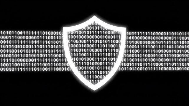 Digital shield icon protecting binary code data stream on a dark background, representing cybersecurity and data protection.