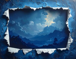 Artistic Blue Landscape Peeking Through Torn Paper Frame.