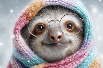 Fototapeta premium A charming portrait of a cute sloth wearing glasses and a colorful knitted scarf, looking directly at the viewer during a snowy day, creating a warm and whimsical scene.