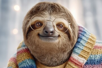 Fototapeta premium Close-up of a charming sloth wearing glasses and a colorful sweater, adding a touch of whimsy and personality to its endearing features, capturing a relaxed moment.