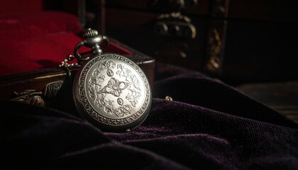 Ornate silver locket with engraved floral pattern, closed and resting on dark velvet