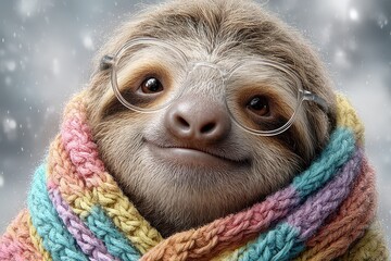 Fototapeta premium Adorable sloth portrait wearing glasses and a colorful scarf in a winter wonderland, creating a warm and whimsical scene against a snowy backdrop.