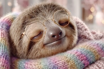 Fototapeta premium A cute sloth wearing glasses and a scarf, sleeping comfortably, creating a cozy and heartwarming scene for a relaxing, peaceful atmosphere.