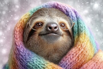 Fototapeta premium A charming sloth wearing glasses and wrapped in a vibrant, colorful knit scarf against a soft, blurred background, perfect for a heartwarming or humorous project.