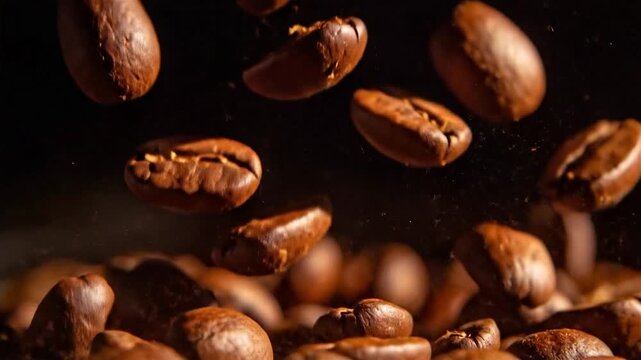 Roasted coffee beans falling against a dark background, suitable for coffee packaging, cafe menus, beverage advertising, and food-related blog articles.