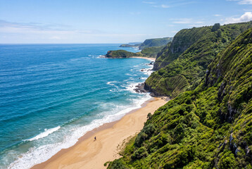 Fototapeta premium Aerial view of a lone traveler walking on a sandy beach by green cliffs