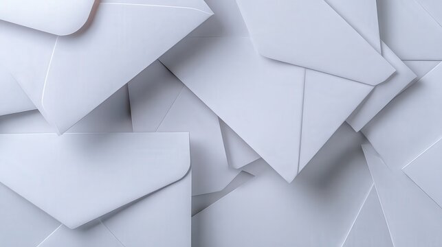 A flat lay of numerous blank white envelopes, ideal for depicting communication, mailing, or organization themes in marketing materials, blogs, or presentations,