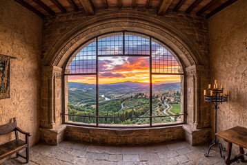 Obraz premium Majestic view from inside an ancient stone castle looking out through an arched window at sunset
