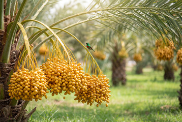 Obraz premium Ripe yellow dates hanging on palm tree with small colorful bird perched