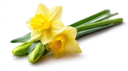 A vibrant bunch of yellow daffodils with fresh green stems, perfect for spring-themed projects, floral arrangements, or nature-related content, Ideal for greeting cards or seasonal promotions,
