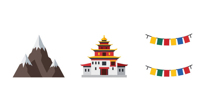 Flat icon set of mountain, buddhist temple, and prayer flags