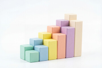 Obraz premium Pastel wooden blocks arranged in a bar chart formation representing growth and progress