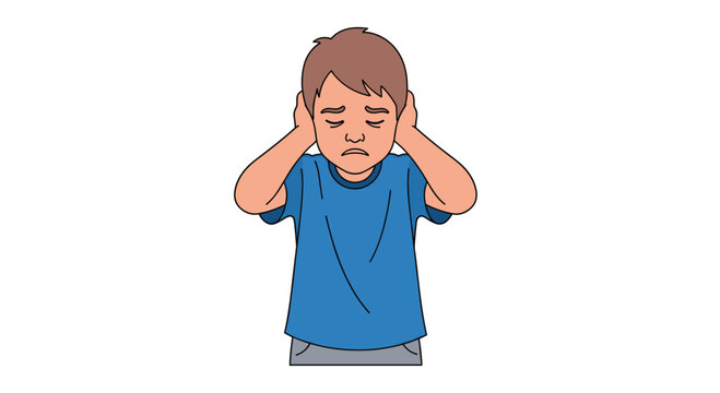 A sad young boy with light brown hair and a blue t-shirt covers his ears with closed eyes and a downturned mouth against a pristine white background.