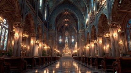 Fototapeta premium Interior of a Catholic church aisle with a long central aisle, wooden pews, stained glass windows, and warm sunlight streaming in, creating a serene atmosphere.