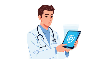 Fototapeta premium A smiling male doctor in a white lab coat with a stethoscope holds a blue digital tablet displaying a white shield with a cross icon against a plain white background.