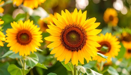 Obraz premium Sunflowers bloom bright. Yellow petals surround a dark center, green leaves. Bokeh lights background