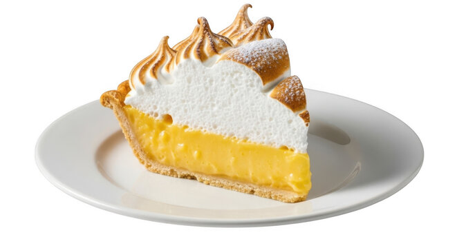 A slice of lemon meringue pie on a white plate with a golden crust and toasted meringue topping isolated on transparent background