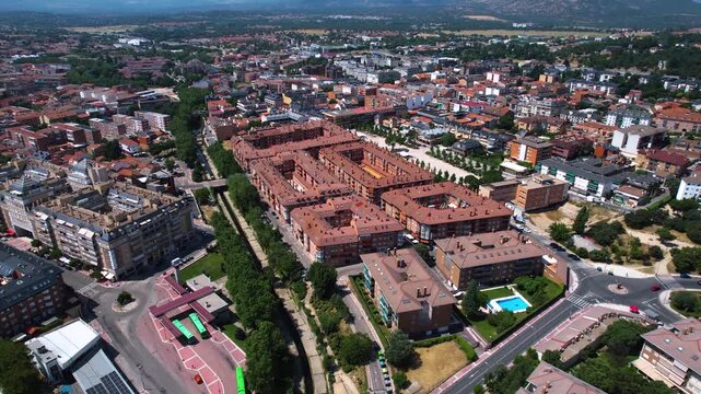 Aerial panorama view of the old town and city Collado Villalba in Spain on a sunny summer noon.
