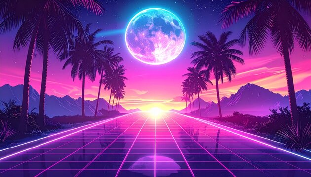 Vaporwave Sunset - A Retro Synthwave Dreamscape with Palm Trees and Moon.