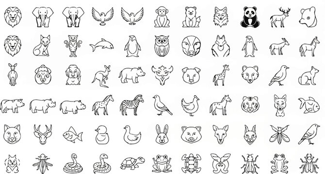 A collection of simple, black and white animal illustrations in a grid