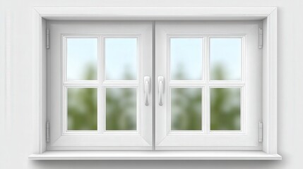 Fototapeta premium A bright, modern double window with white framing showcases a blurred natural background, ideal for themes of home, interior design, or tranquility in promotional materials or blogs,
