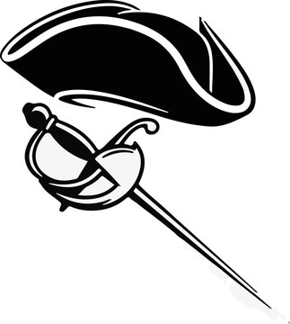 A black tricorne hat rests above a silver rapier
