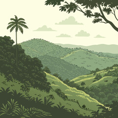 Rolling green jungle hills with dense vegetation and open sky © vvv