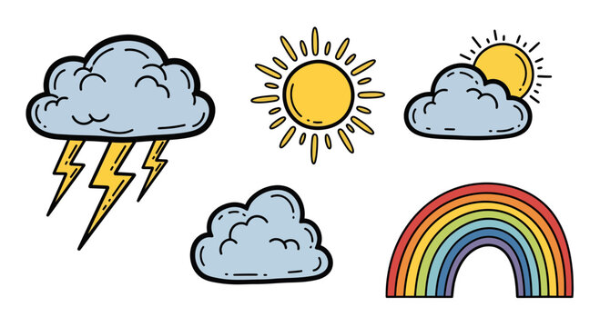Set of Weather Elements Including Clouds, Lightning, Sun, and Rainbow in a Cartoony Style Illustration