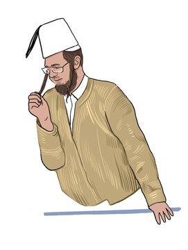 Hand-drawn digital illustration of an Orthodox Jewish man wearing a traditional hat and glasses during the Jewish holiday of Purim. The bearded man with sidelocks  is shown in a thoughtful pose.