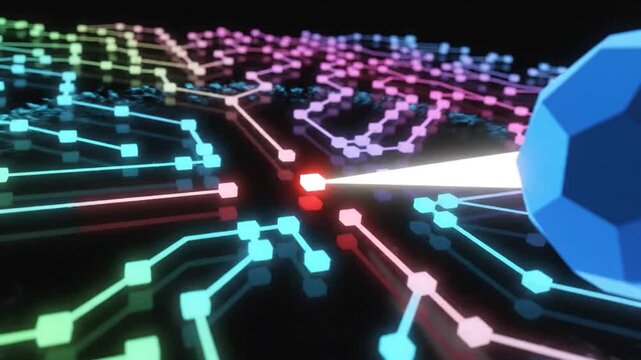 Abstract digital network with glowing nodes and connections, representing data flow and technology.