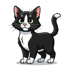 Obraz premium Adorable black and white tuxedo cat with green eyes, cute feline standing cartoon illustration