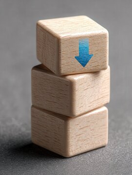 Three wooden blocks stacked with a downward arrow on the top block, symbolizing concepts like decrease or feedback, Great for business, education, or motivational themes,