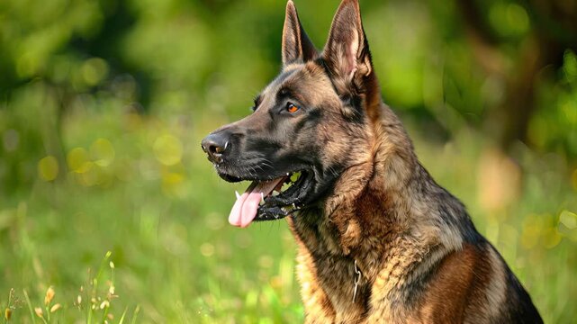 Portrait of a alert belgian shepherd dog with brown fur and erect ears on green background