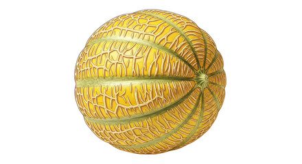 A vibrant yellow cantaloupe melon with green stripes and textured skin isolated on transparent background