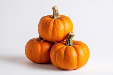 Obraz premium Three Orange Pumpkins Stacked Together Isolated on a White Background for Autumnal Decoration
