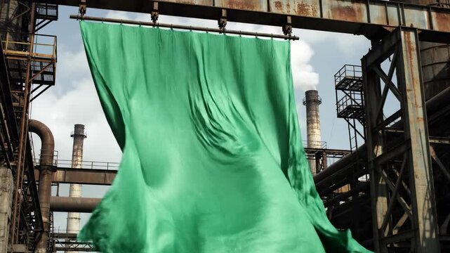 A vibrant green screen hangs amidst a weathered industrial landscape, evoking a sense of creative potential and the intersection of innovation and pra