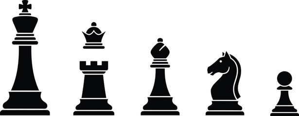 Cartoon chess pieces with king, queen, rook, bishop, knight, and pawn in classic strategy design © Creative design