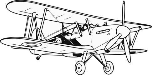 A black and white line drawing depicts a vintage biplane with a propeller and landing gear © kajian